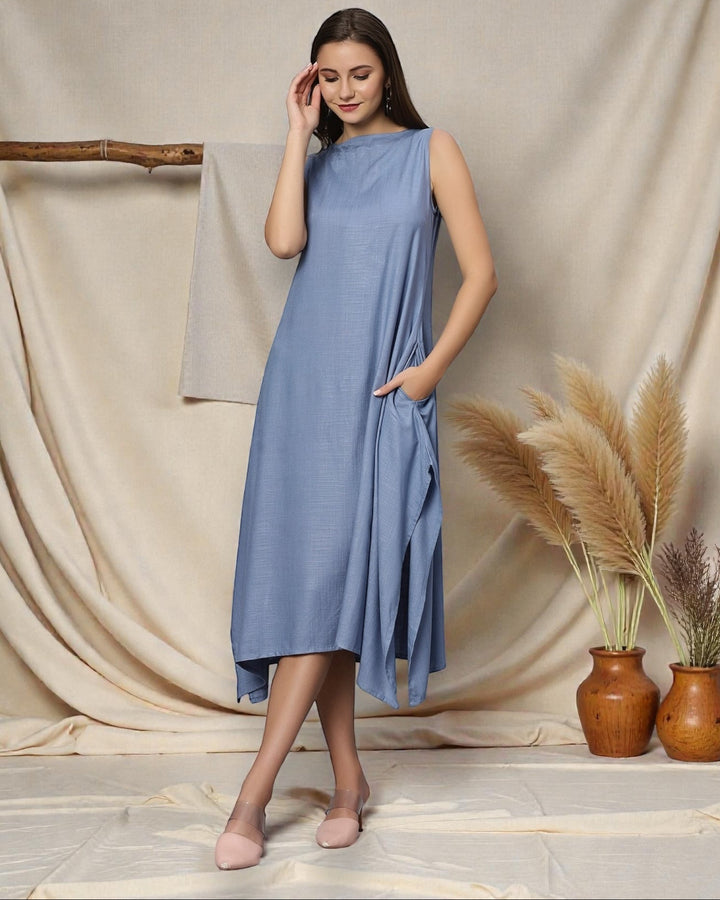 Blue Cotton High-Low Maxi Dress