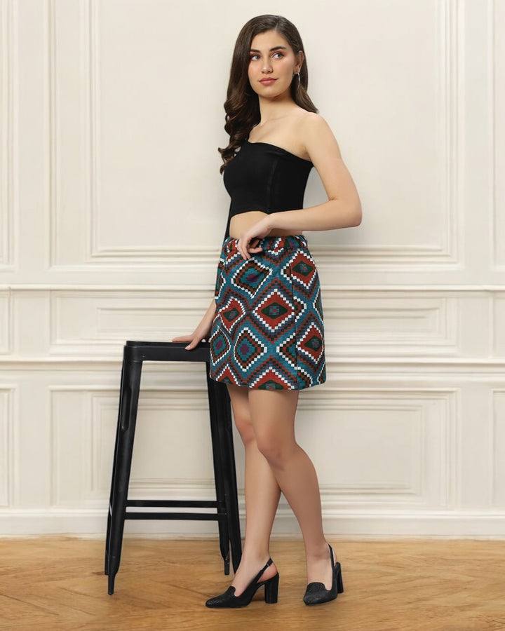 Blue Geometric Jacquard Skirt