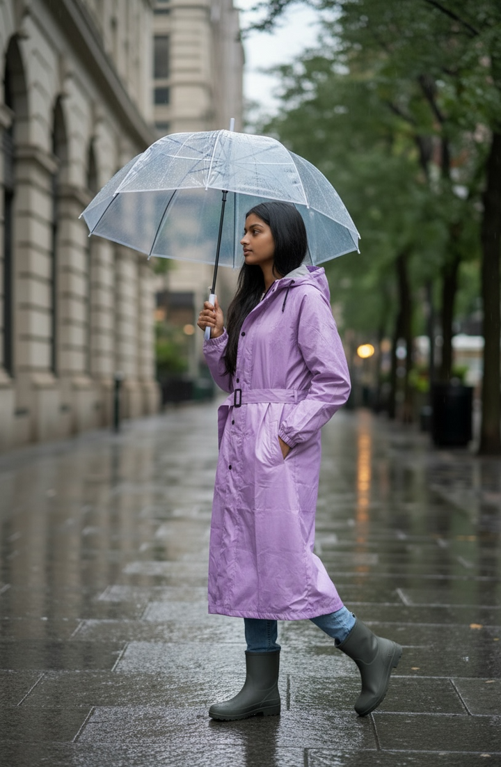 Lavender Drizzle Belted Rain Trench Coat