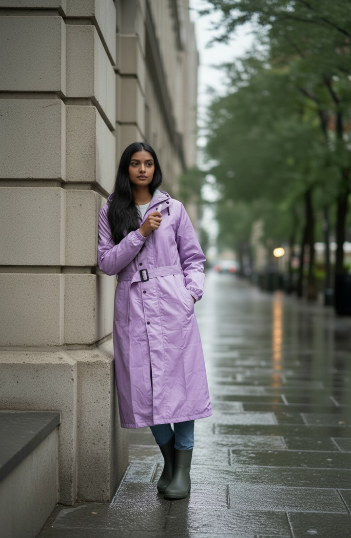 Lavender Drizzle Belted Rain Trench Coat