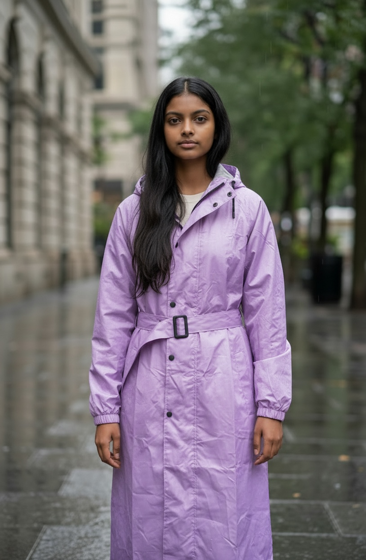 Lavender Drizzle Belted Rain Trench Coat