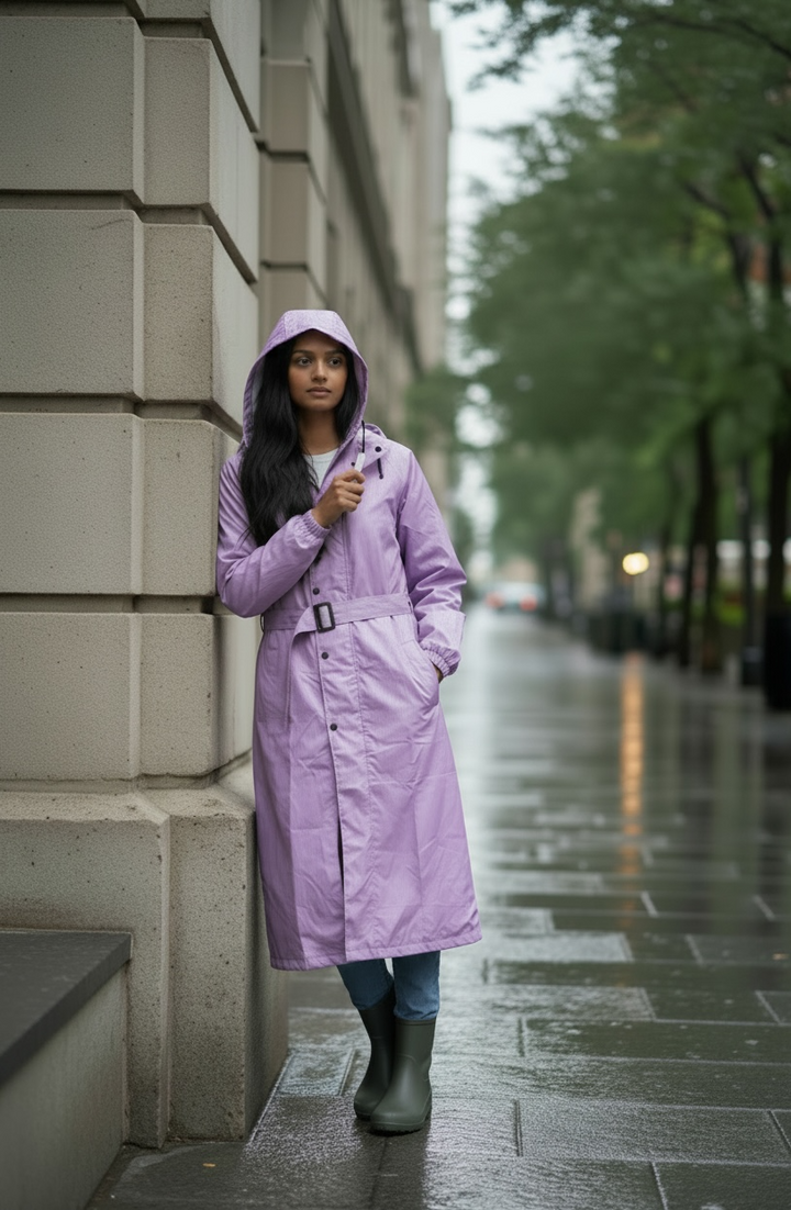 Lavender Drizzle Belted Rain Trench Coat