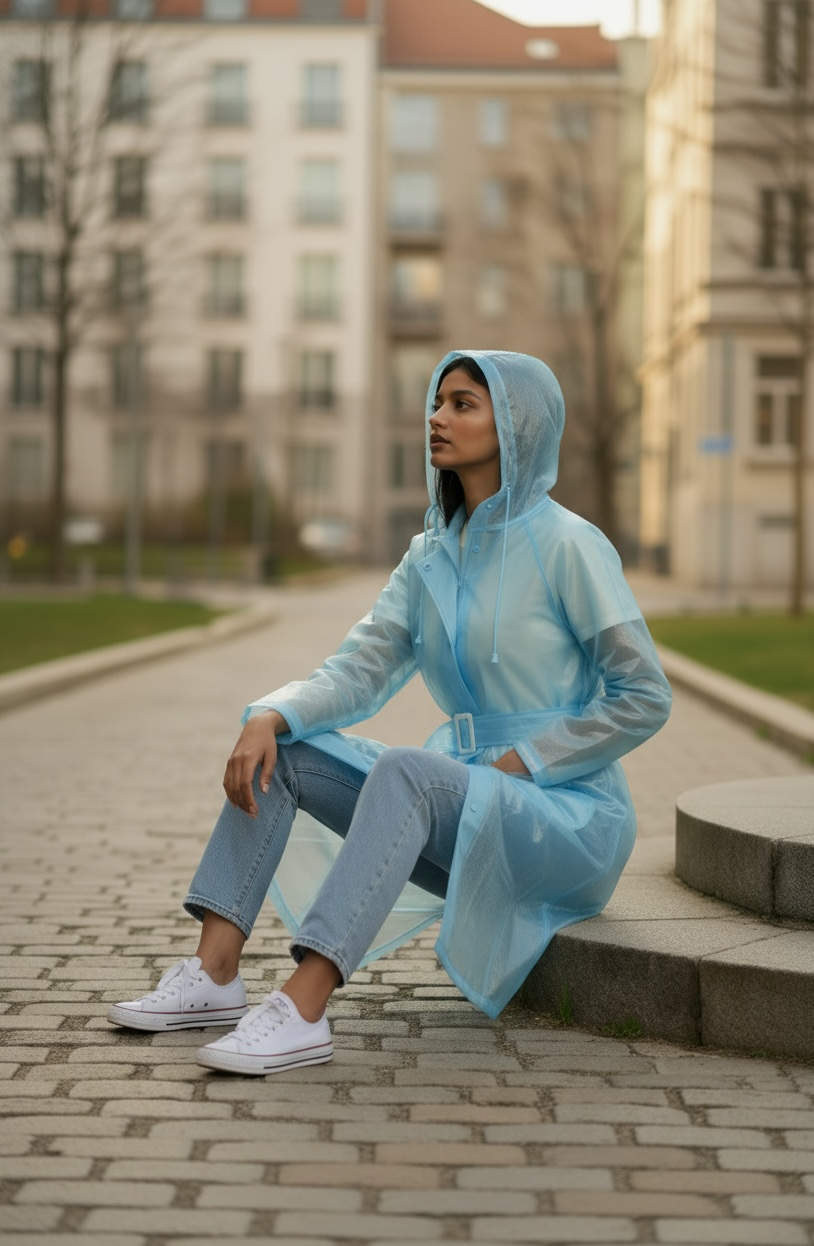 Sky Mist Belted Rain Overcoat