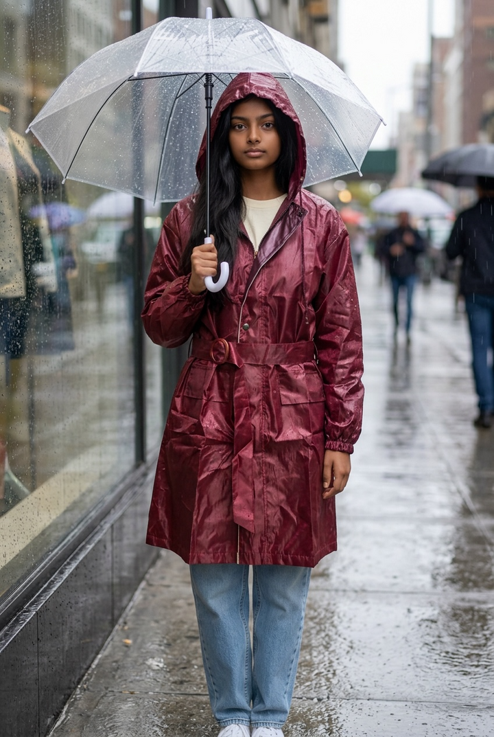 Maroon Drizzle Belted Rain Trench Coat