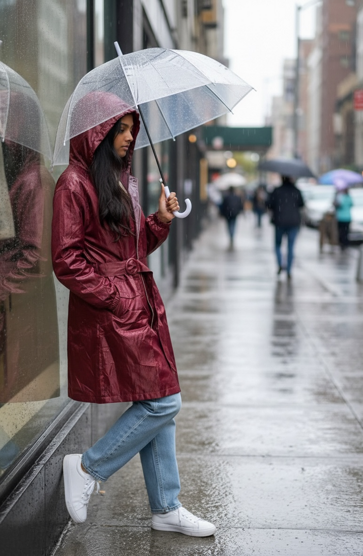 Maroon Drizzle Belted Rain Trench Coat