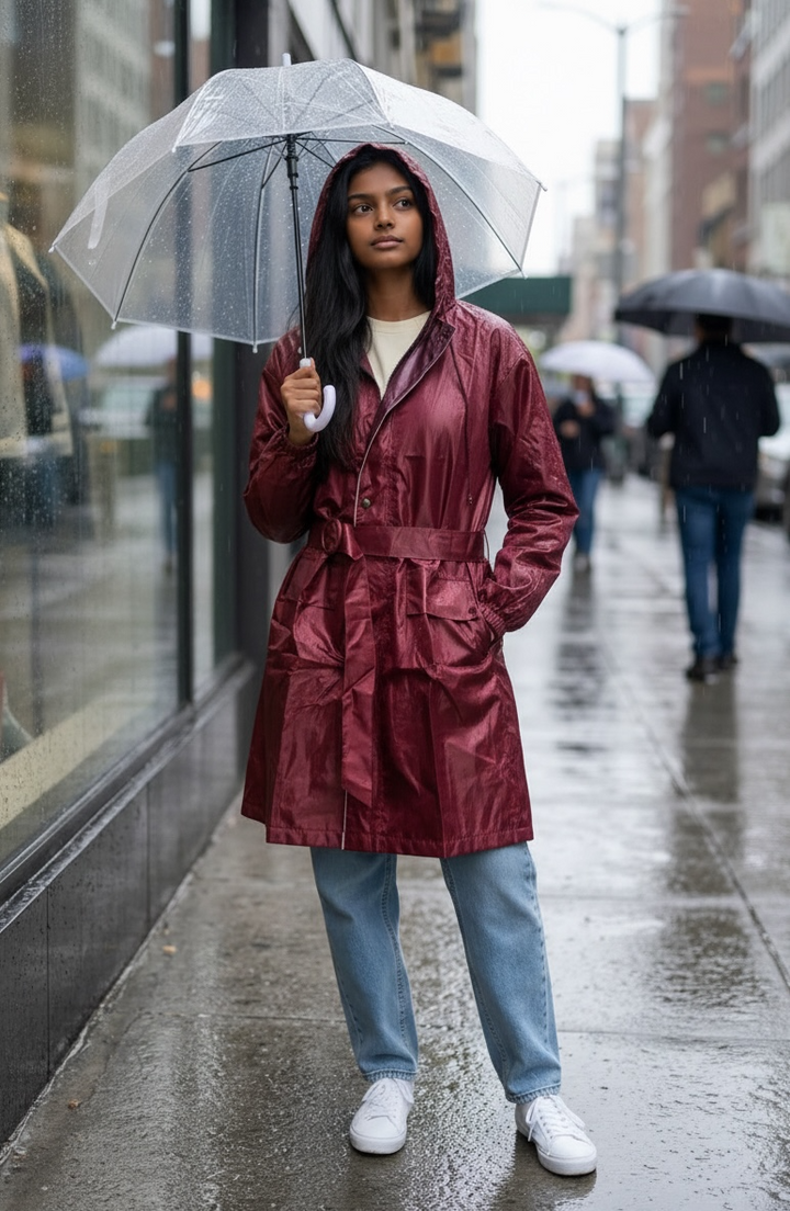 Maroon Drizzle Belted Rain Trench Coat