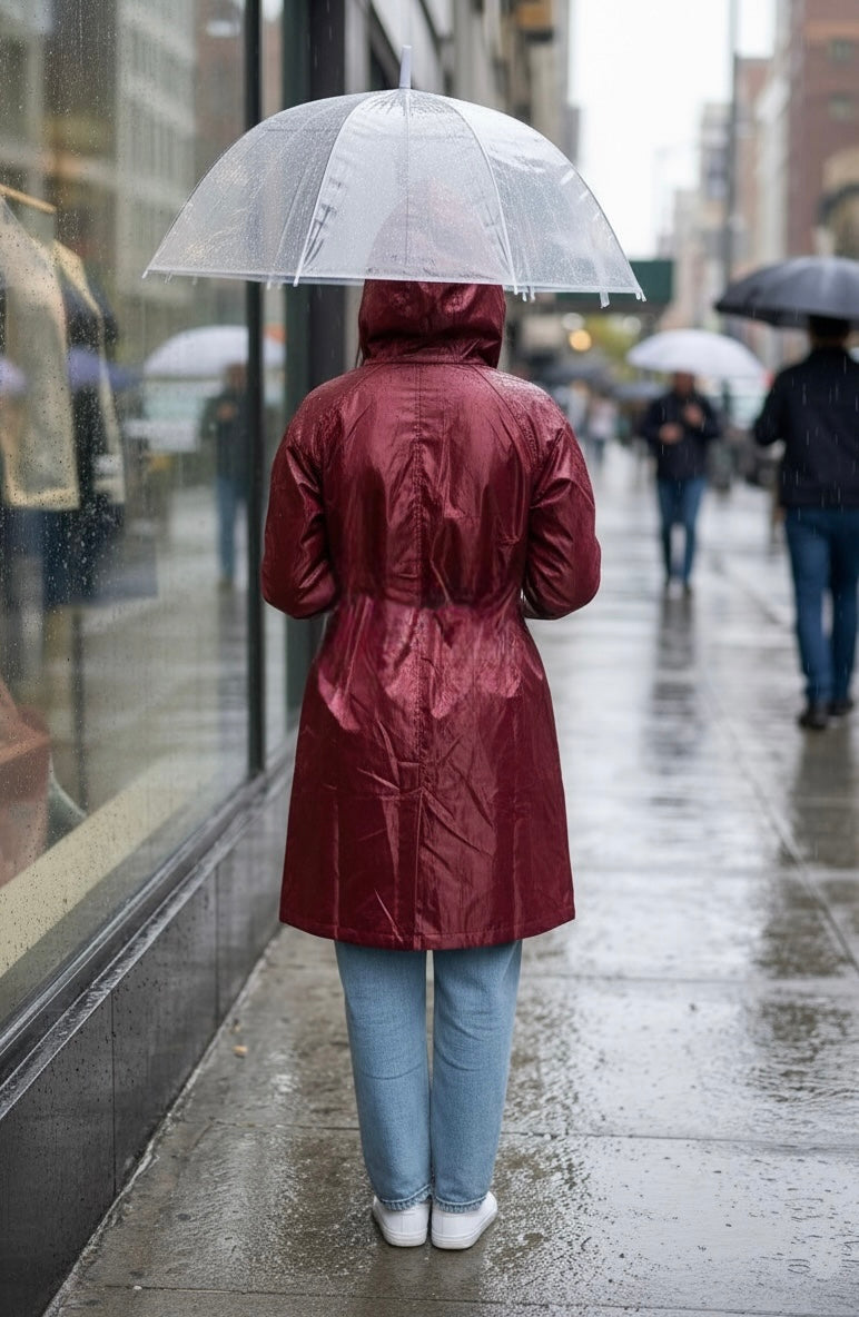 Maroon Drizzle Belted Rain Trench Coat
