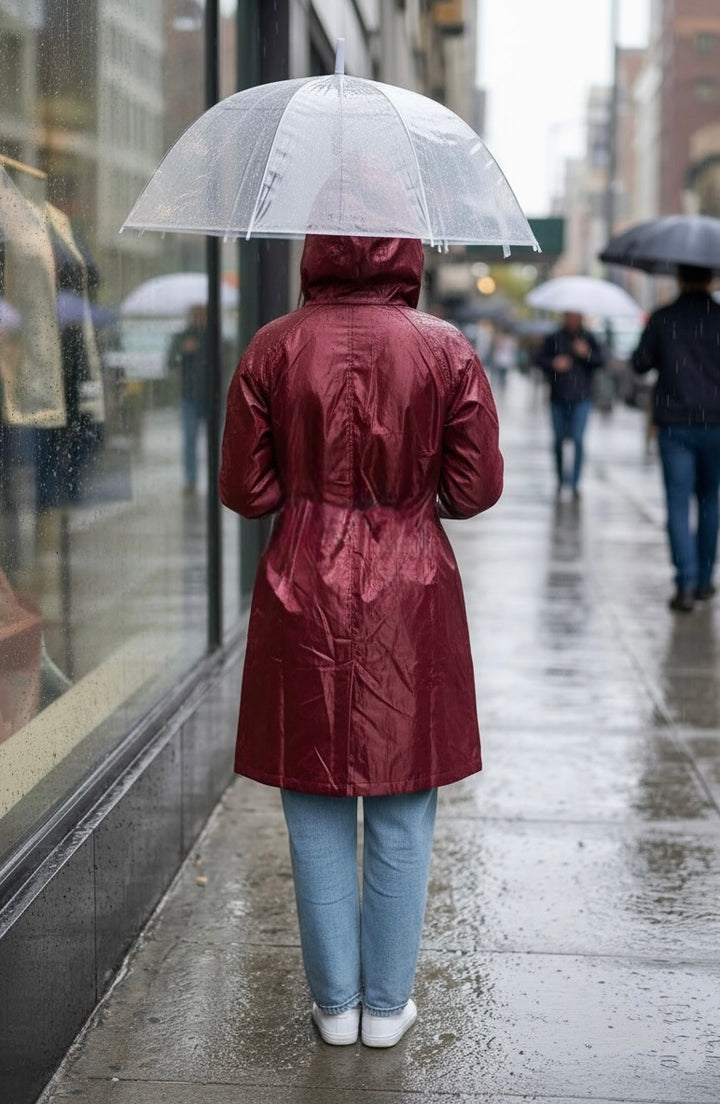 Maroon Drizzle Belted Rain Trench Coat