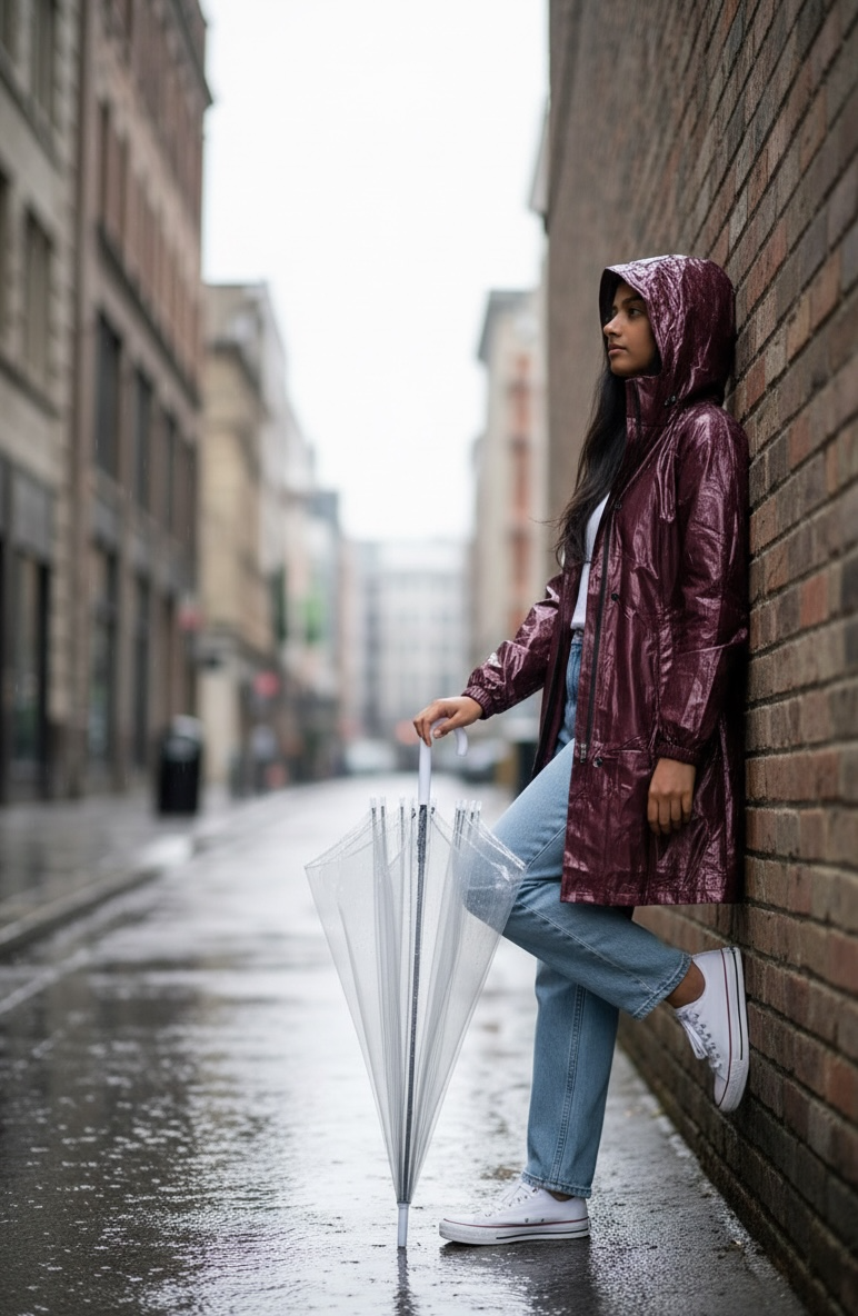 Maroon Drizzle Belted Rain Trench Coat