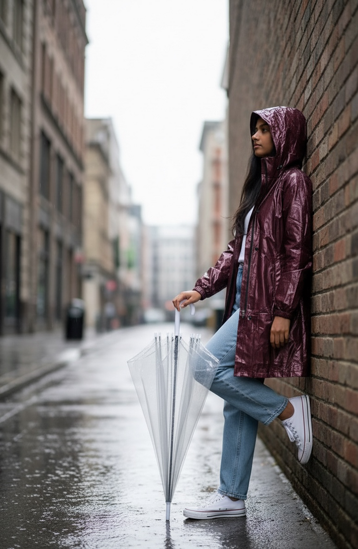 Maroon Drizzle Belted Rain Trench Coat