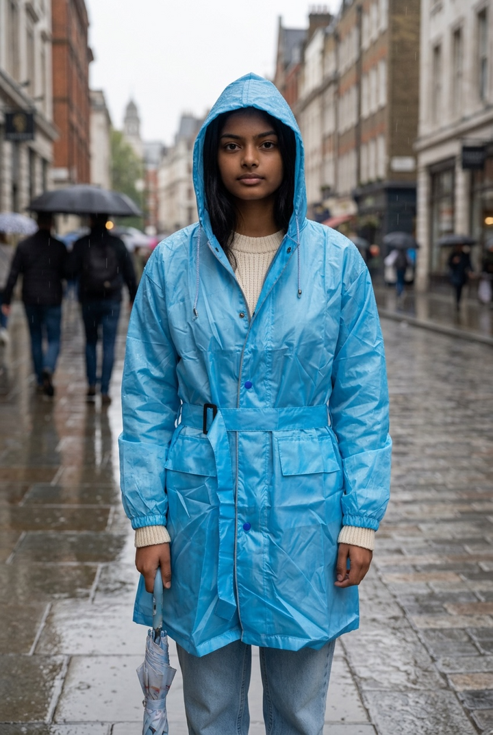 Blue Drizzle Belted Rain Trench Coat