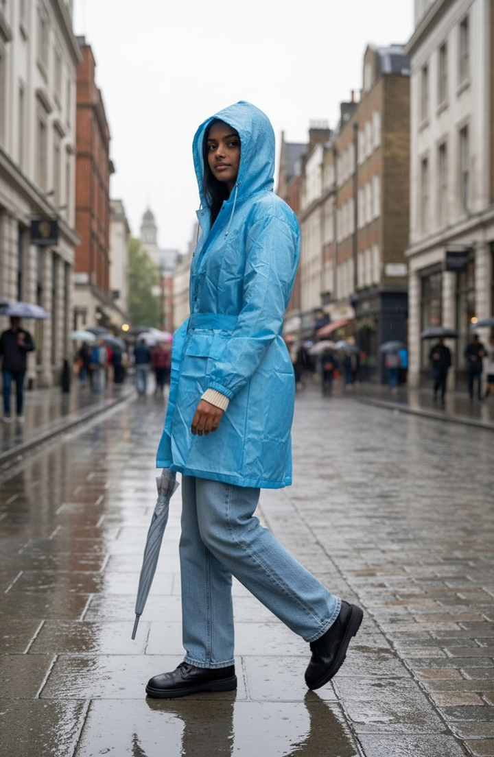 Blue Drizzle Belted Rain Trench Coat