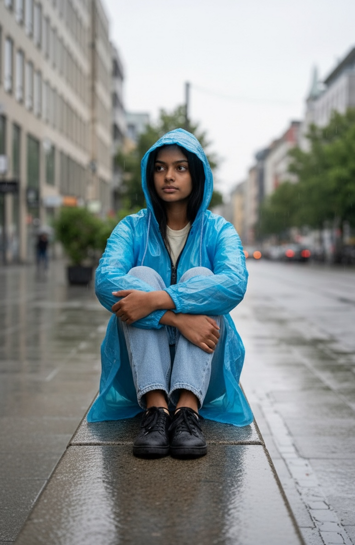 Blue Drizzle Belted Rain Trench Coat