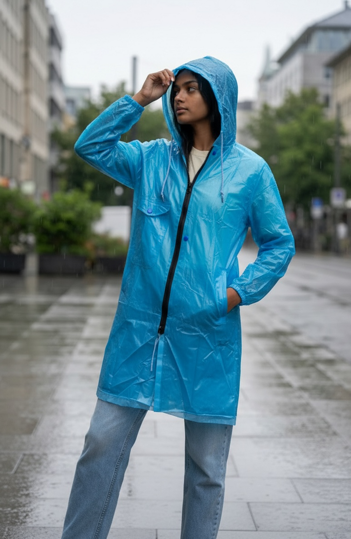 Blue Drizzle Belted Rain Trench Coat