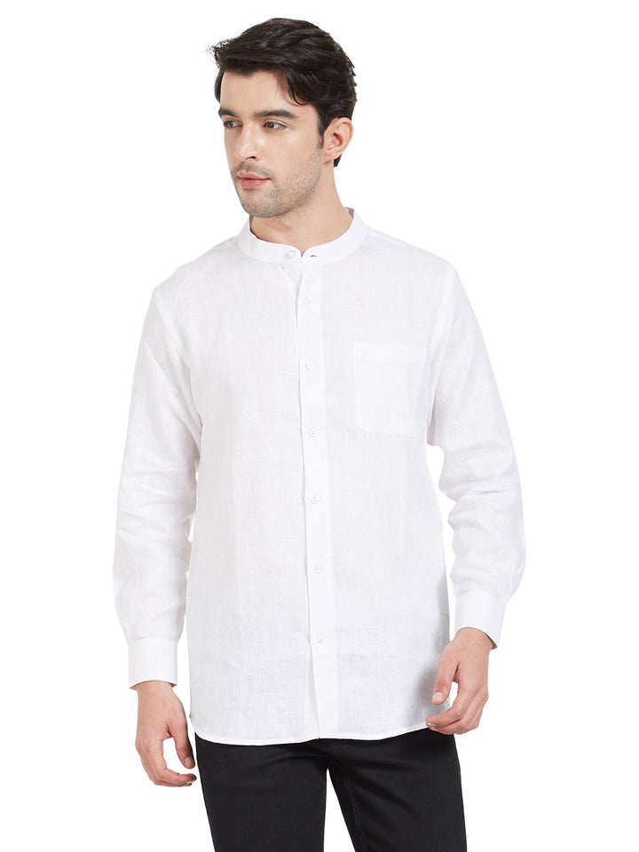 White Linen Chinese Collar Shirt