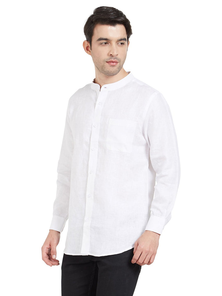 White Linen Chinese Collar Shirt