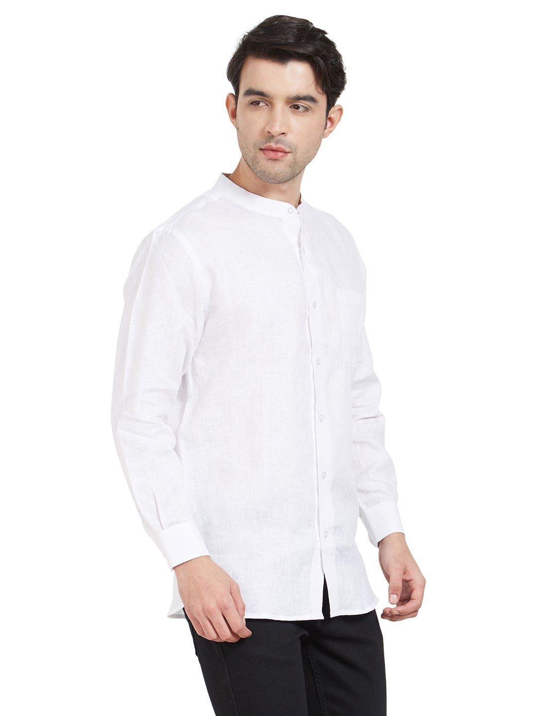 White Linen Chinese Collar Shirt