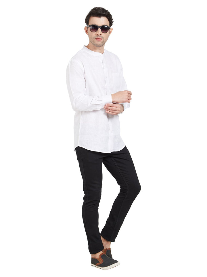 White Linen Chinese Collar Shirt