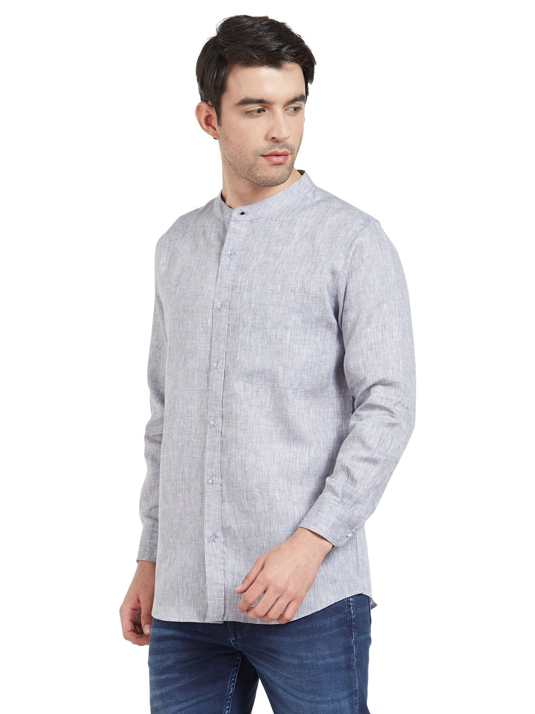 Grey Linen Chinese Collar Shirt