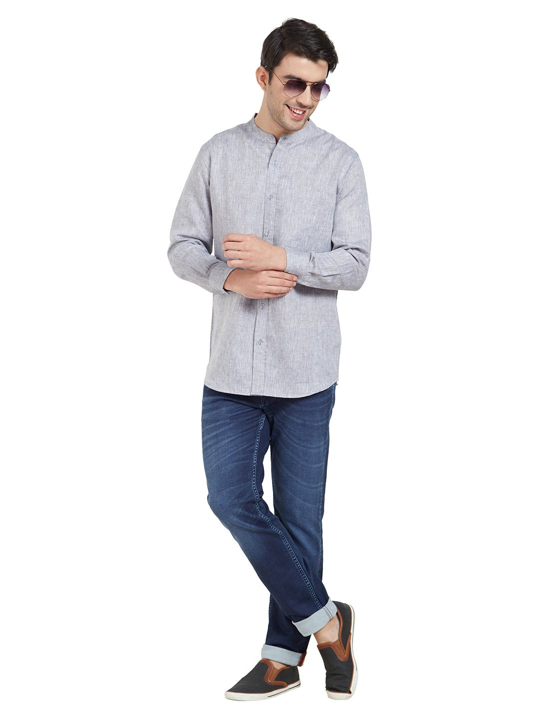 Grey Linen Chinese Collar Shirt