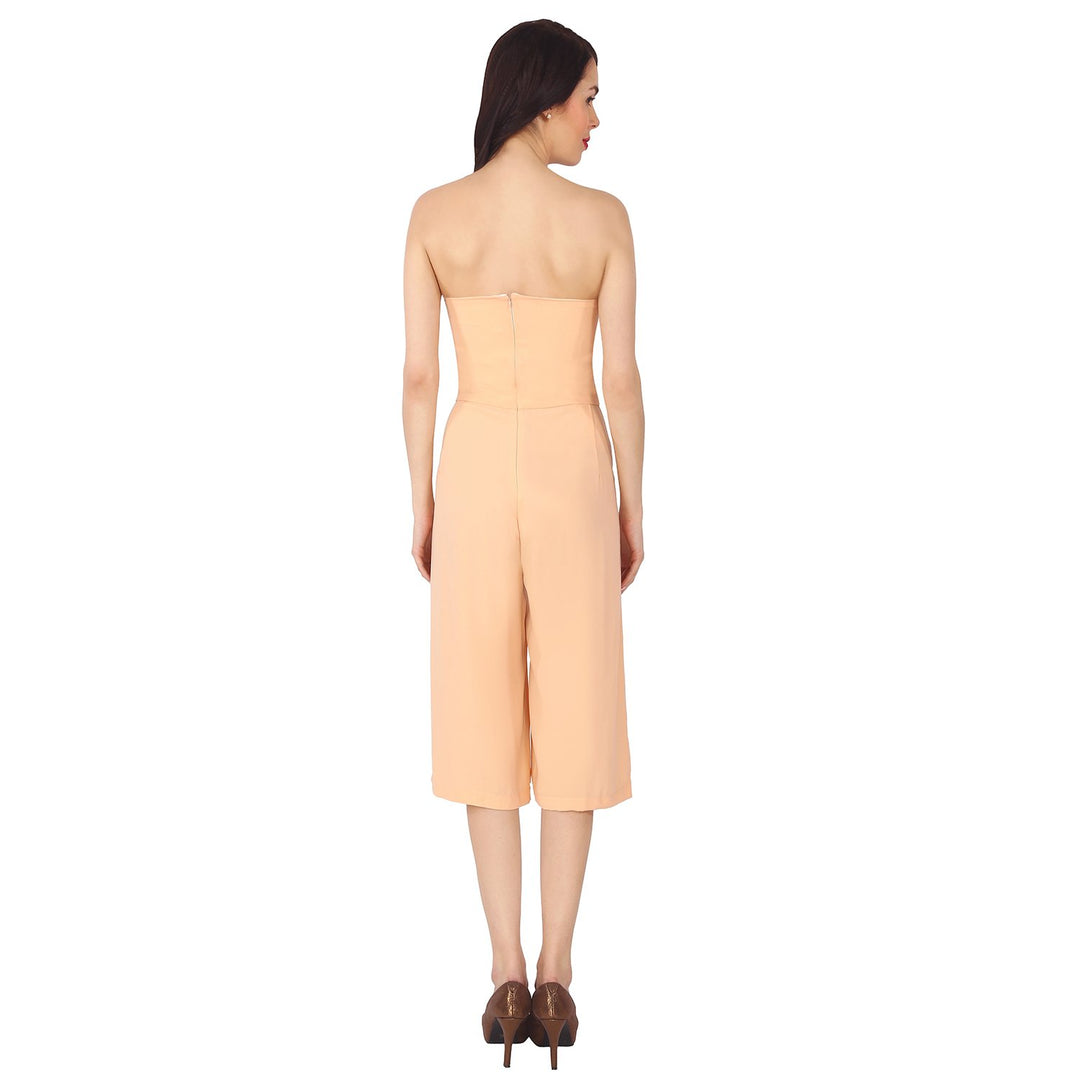 Nude Coloured Off Shoulder Polyester Jumpsuit With Broad Bottom