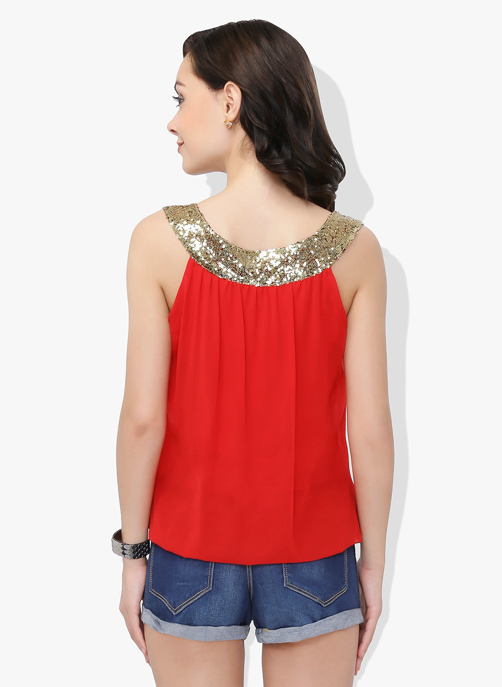 Red Sequinned Georgette Balloon Top