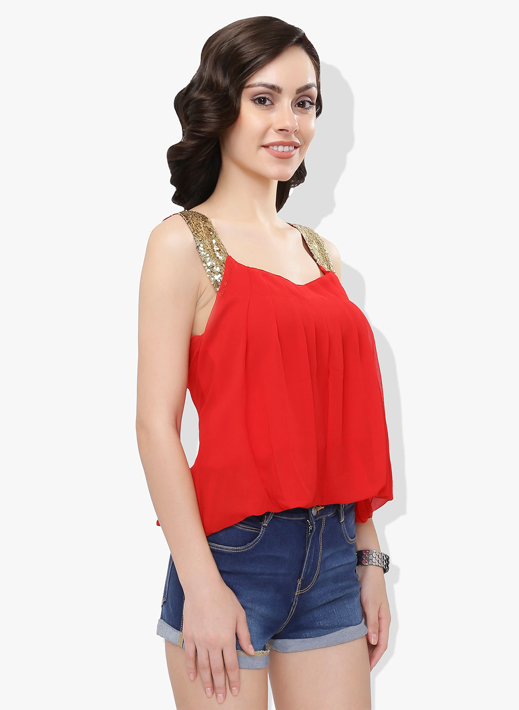 Red Sequinned Georgette Balloon Top