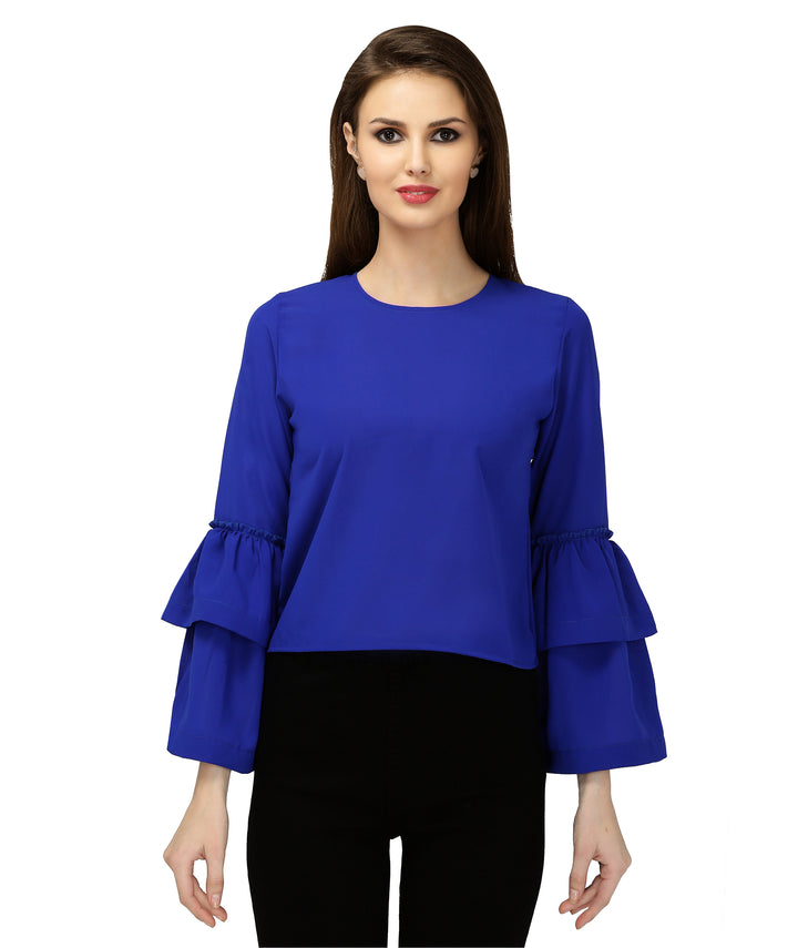 Blue Polyester Belle Sleeves Top