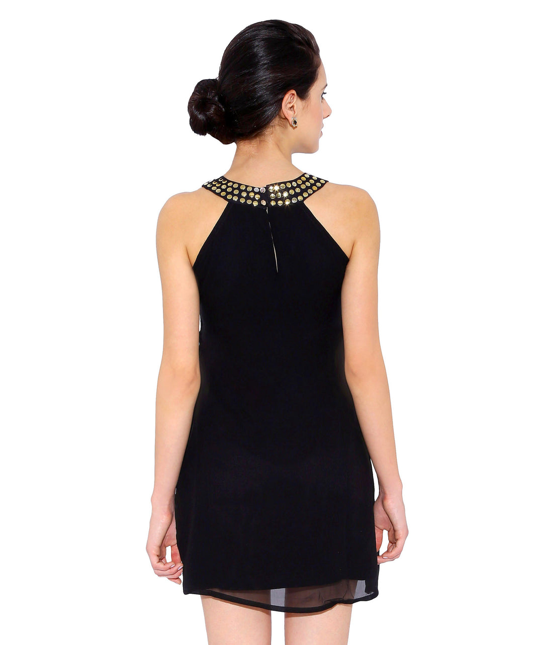 Black Georgette Dress with Stones on the Neck