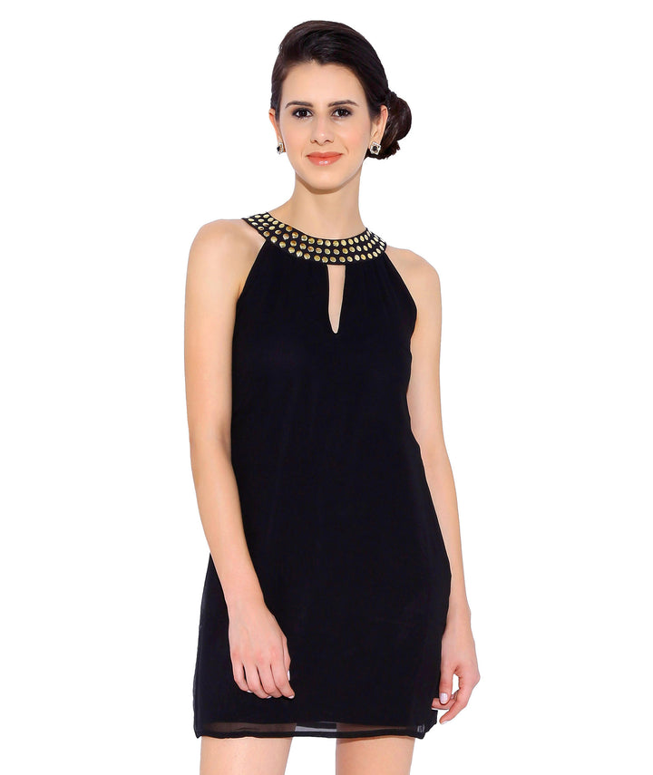Black Georgette Dress with Stones on the Neck