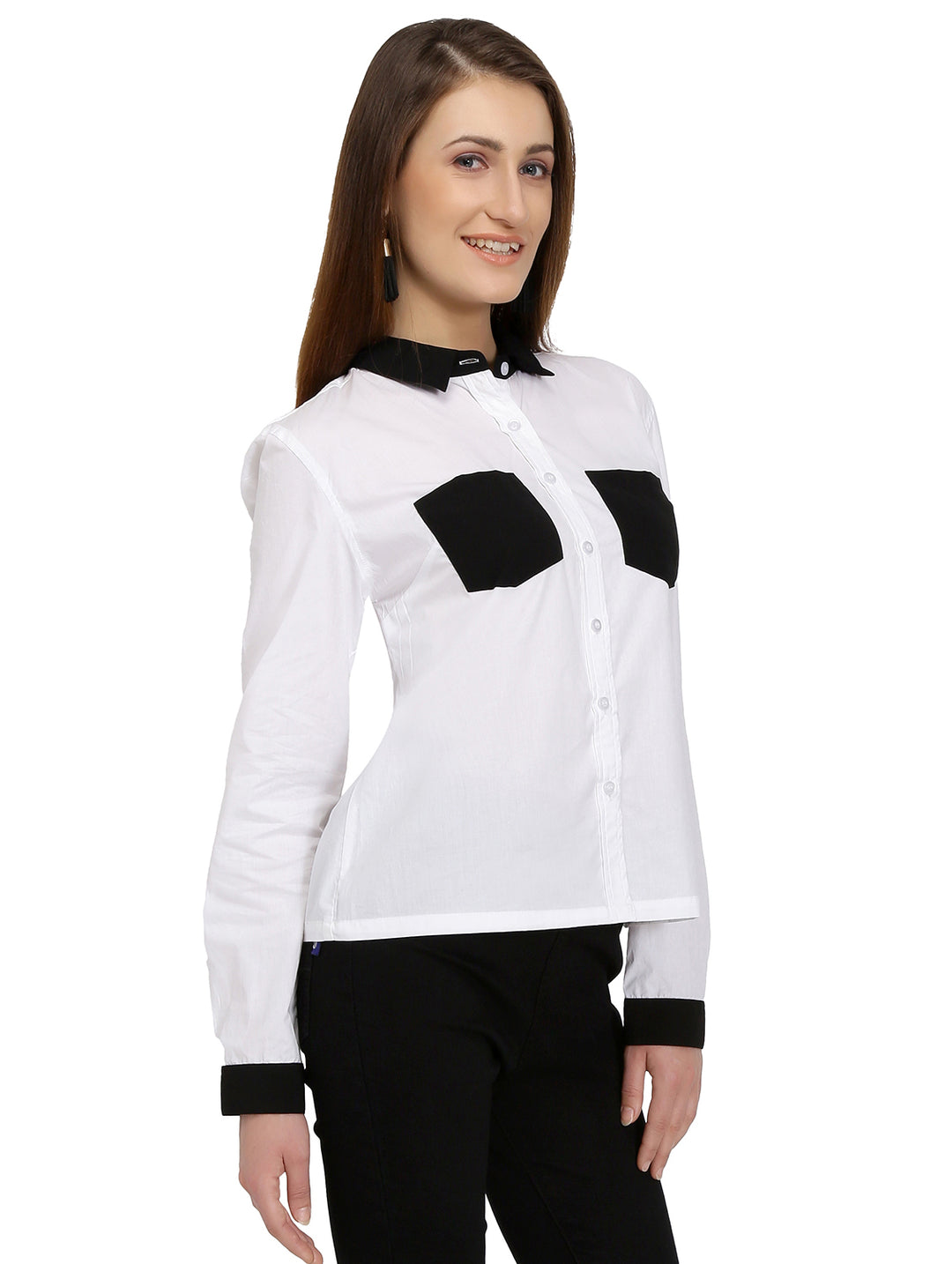 White Cotton Shirt With Black Pockets