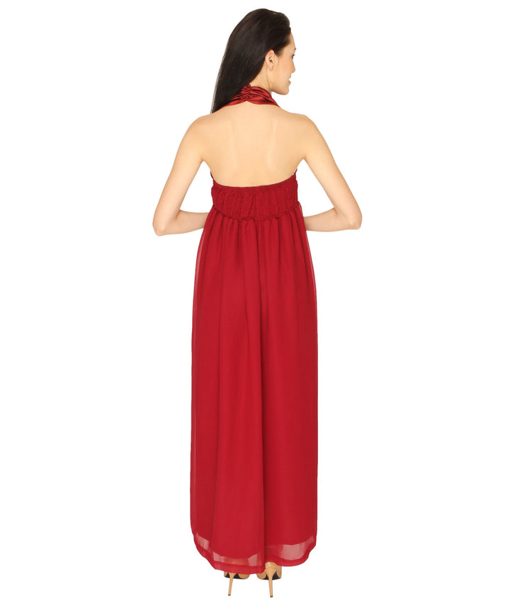 Maroon Gown With Satin Neck Strap