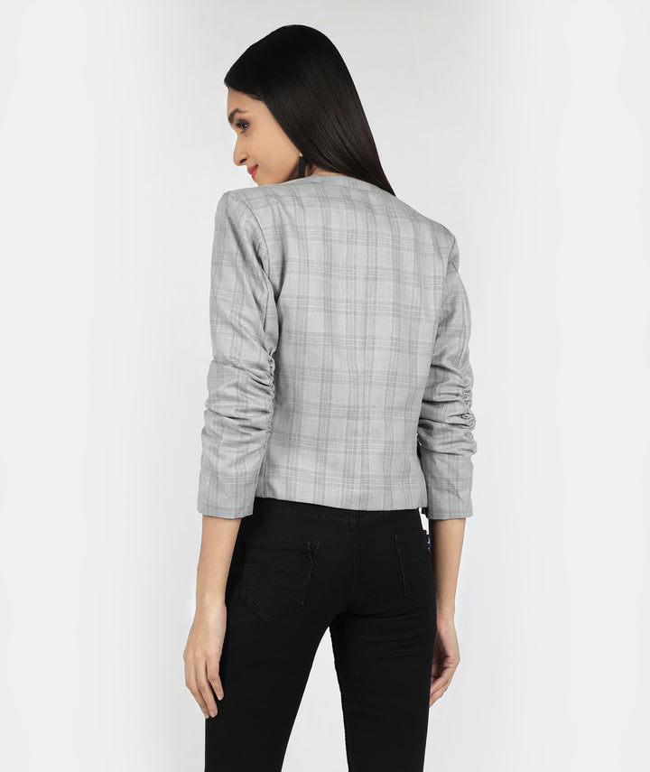 Grey Checks Wrinkled Sleeve Blazer