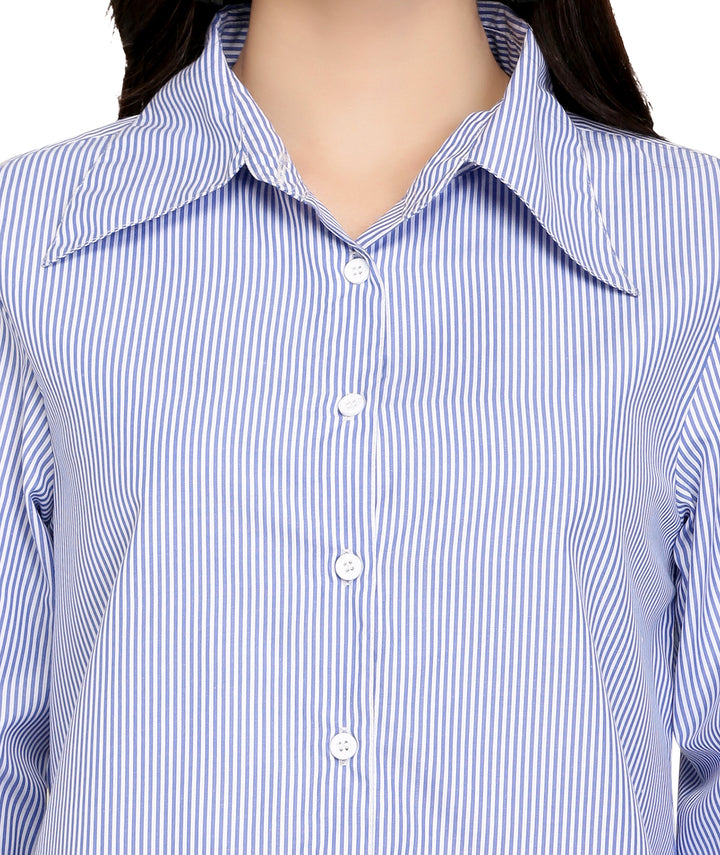 Blue button-down shirt.