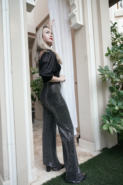 Grey Sequinned Flared Pants